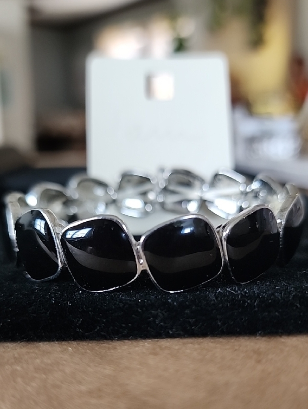Silver Tone Black Stone Stretch Bracelet - Women Jewelry